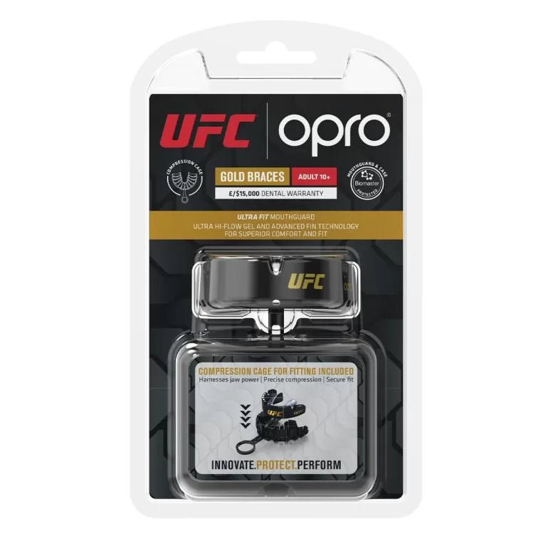 OPRO UFC GOLD Edition Self-fit V2 Black/Silver ščitnik za zobe za tiste z aparatom